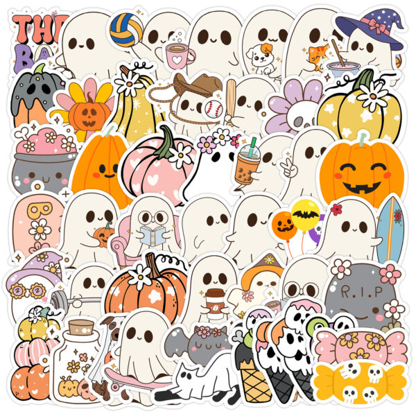 Wholesale 50pcs Halloween Ghost Graffiti Stickers Mobile Phone Water Cup Waterproof Decorative Stickers Cartoon Halloween Stickers