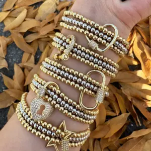 Wholesale Jewelry Casual Simple Style Pentagram Heart Shape Brass 18K Gold Plated Bracelets Beaded Chain