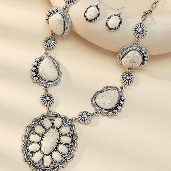 Wholesale Cross-Border Retro Left and Right Special-Shaped Necklace Turquoise Earrings Western Style Exaggerated Turquoise Necklace Earrings Jewelry Set