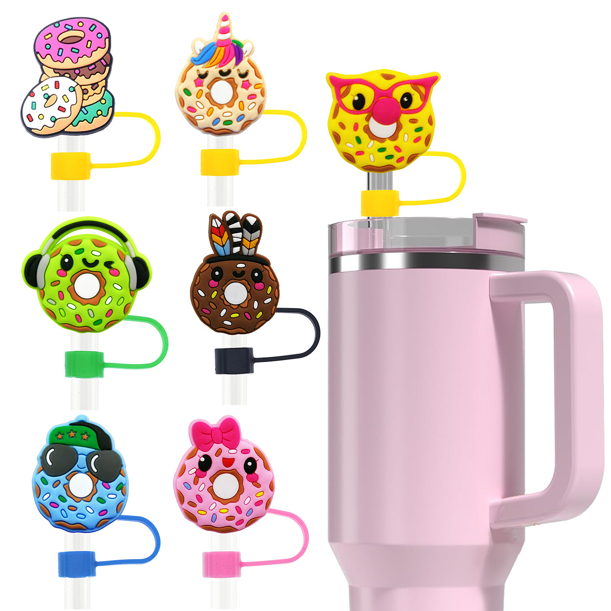 Wholesale Donut series straw cap 10mm flexible glue removable straw aessories creative straw buckle personalized pen clip