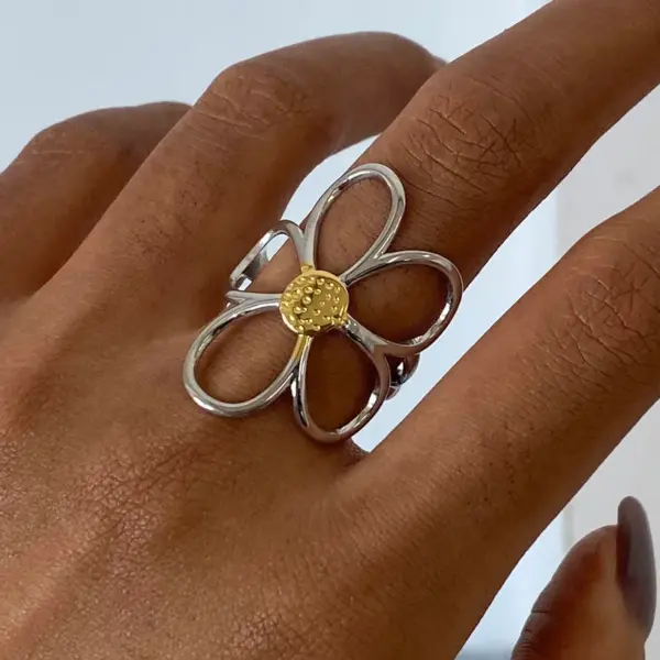 PVD Coated Real Gold Plated 18K Gold Flower 304 Stainless Steel Simple Style Classic Style Waterproof Non Tarnish Open Rings