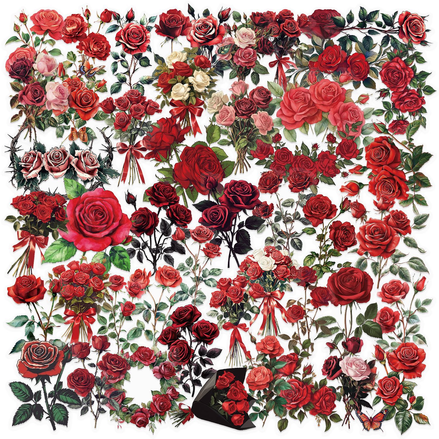 Wholesale 50 sheets transparent retro red rose sticker bag waterproof transparent PET hand aount material decorative guitar notebook