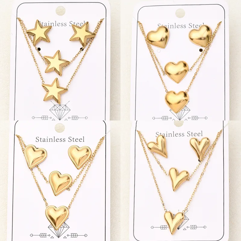 Wholesale Jewelry Casual Basic Vacation Pentagram Heart Shape Simple 304 Stainless Steel 18K Gold Plated Handmade lishing Plating Jewelry Set