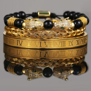 Wholesale Copper Micro-inlaid Zircon Double Leopard Head Black Onyx Woven Bracelet Men's Stainless Steel Roman Bracelet Stacked Bracelet Combination