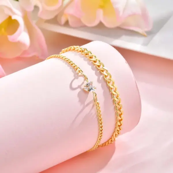 Wholesale Valentine's Day Jewelry 201 Stainless Steel Imitation Gold Plated Heart-Shaped Zircon Couple Bracelet Two-Piece Set Waterproof Non-Fading Cuban Chain