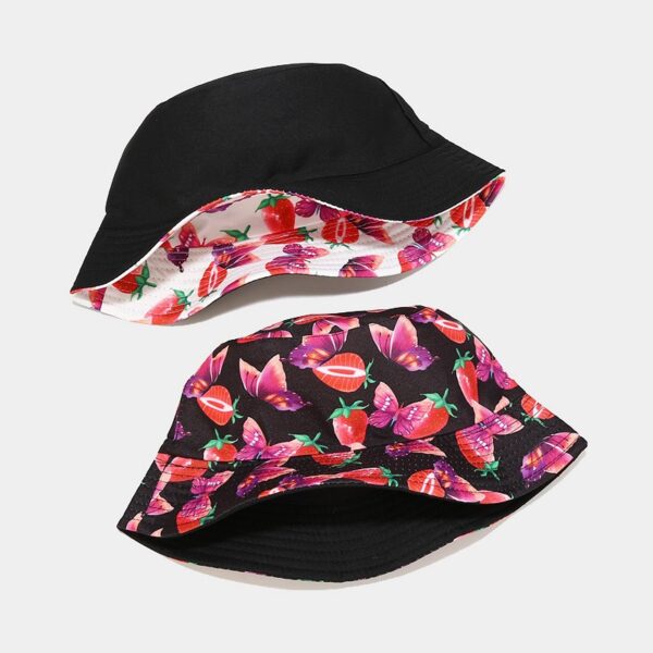 Wholesale Amazon Creative New Strawberry Butterfly Pattern Double-sided Fisherman Hat Women's Fashionable Outdoor Sunshade Basin Hat Foldable
