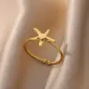PVD Coated Real Gold Plated 18K Gold Starfish Shell 304 Stainless Steel Vacation Marine Style Waterproof Non Tarnish Open Rings