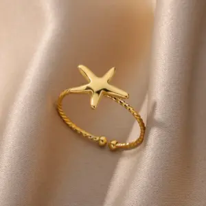 PVD Coated Real Gold Plated 18K Gold Starfish Shell 304 Stainless Steel Vacation Marine Style Waterproof Non Tarnish Open Rings