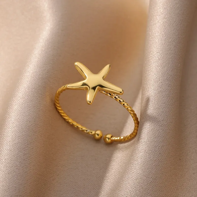 Wholesale PVD Coated Real Gold Plated 18K Gold Starfish Shell 304 Stainless Steel Vacation Marine Style Waterproof Non Tarnish Open Rings