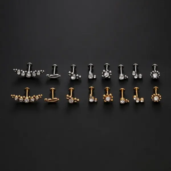 Wholesale Fashion Leaf Round Stainless Steel Inlaid Zircon Eyebrow Nails Ear Studs 1 Piece