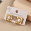 Wholesale 304 Stainless Steel Geometric Square Electroplating Imitation Pearl Golden Plated IG Style Casual Polishing Hollow Out Inlay Ear Studs