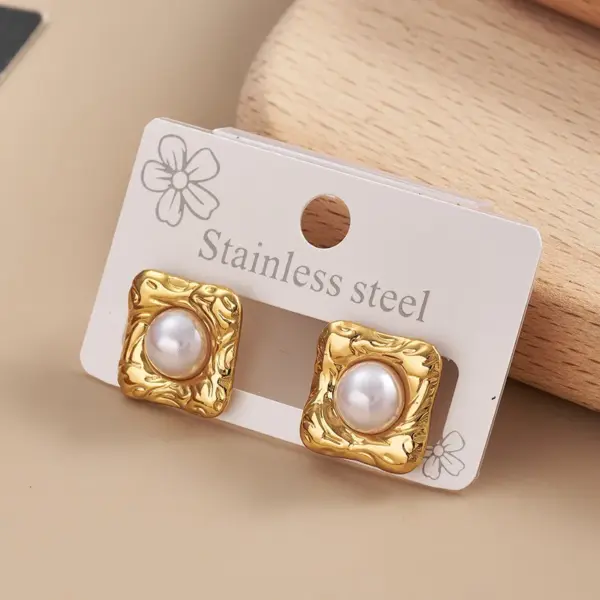Wholesale 304 Stainless Steel Geometric Square Electroplating Imitation Pearl Golden Plated IG Style Casual Polishing Hollow Out Inlay Ear Studs