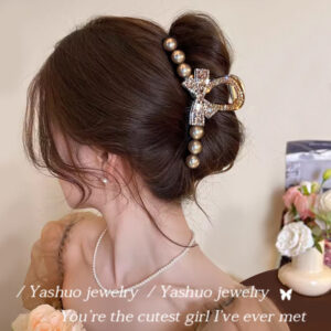 Champagne color rhinestone bow pearl gripper-11cm
