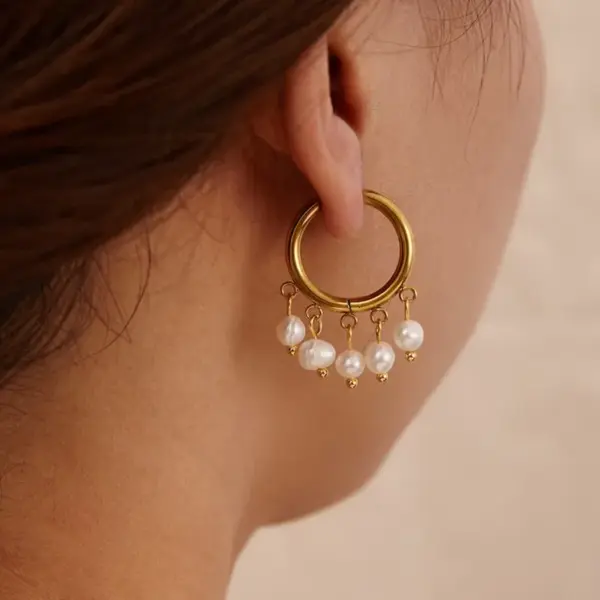 Wholesale PVD Coated Real Gold Plated 18K Gold Circle 201 Stainless Steel Freshwater Pearl Elegant Bohemian Roman Style Waterproof Non Tarnish Drop Earrings