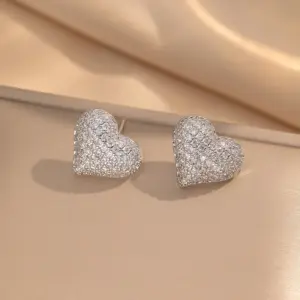255 Fully Jeweled Loving Heart Stud Earrings / Steel Color