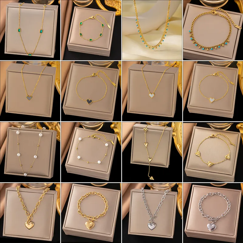 Wholesale Real Gold Plated 304 Stainless Steel PVD Coated Shell Zircon Heart Shape Waterproof Non Tarnish Bracelets Necklace