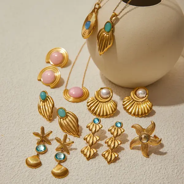 PVD Coated Real Gold Plated Geometric Shell 316 Stainless Steel Original Design Modern Style Commute Waterproof Non Tarnish Jewelry Set