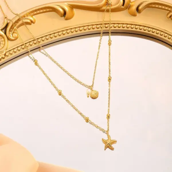 Wholesale 304 Stainless Steel Plastic Geometric Starfish Shell Ion Plating (IP) 18K Gold Plated Cute Vintage Style Vacation Waterproof Non Tarnish Double Layer Necklaces
