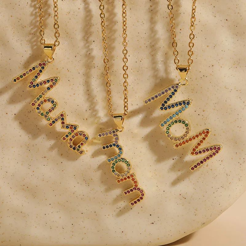 Wholesale MAMA Letter 304 Stainless Steel Copper Plating Inlay Zircon Necklace