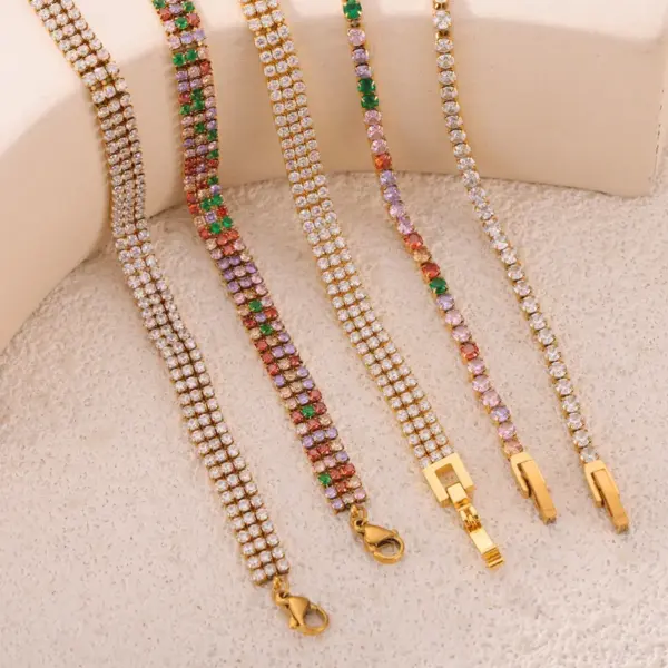 Wholesale 304 Stainless Steel Quadrilateral Round PVD Coated Zircon Real Gold Plated Elegant Simple Style Waterproof Non Tarnish Plating Inlay Tennis Chain Lobster Trigger Clasp Closure Bracelets