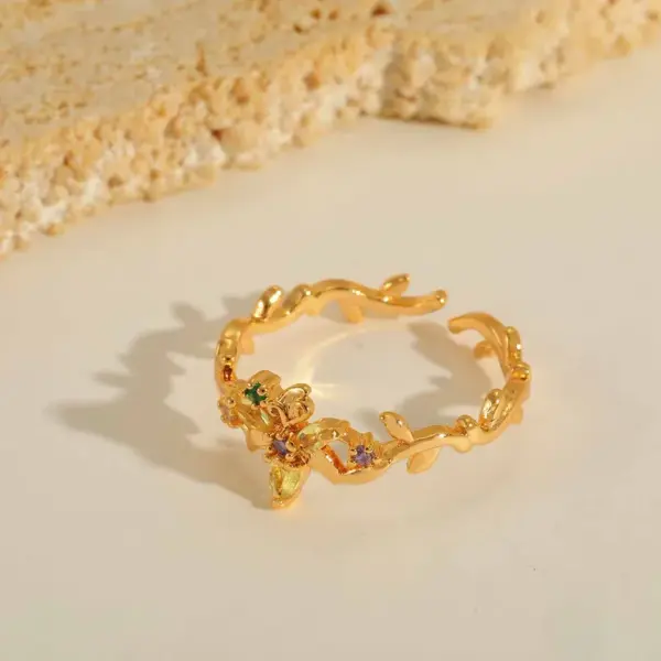 Wholesale Jewelry Cute Sweet Heart Shape Flower Copper Zircon 14K Gold Plated Inlay Open Rings