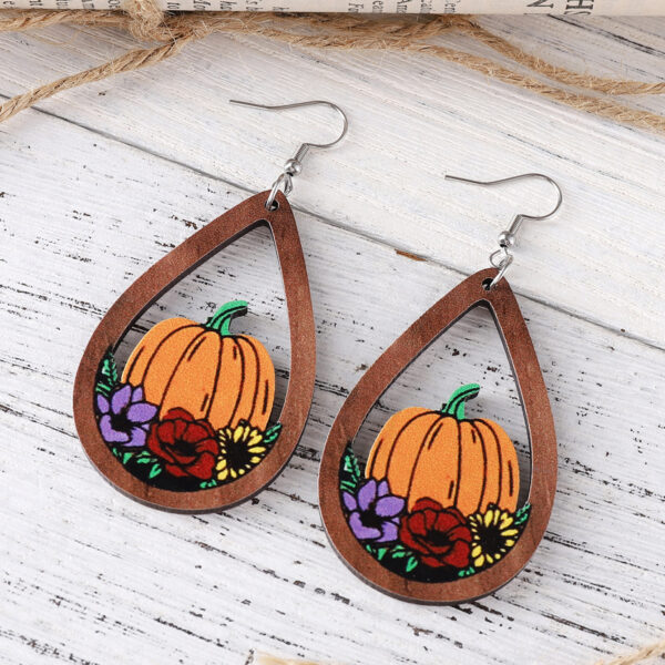 Wholesale Cross-border New Autumn Harvest Thanksgiving Flower Pumpkin Drop Pendant Earrings Wooden Double-sided Thanksgiving Earrings
