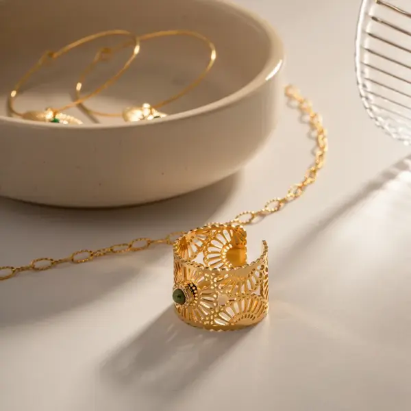 Wholesale Jewelry Fashion Round 304 Stainless Steel Natural Stone PVD Coated Plating Inlay Open Ring