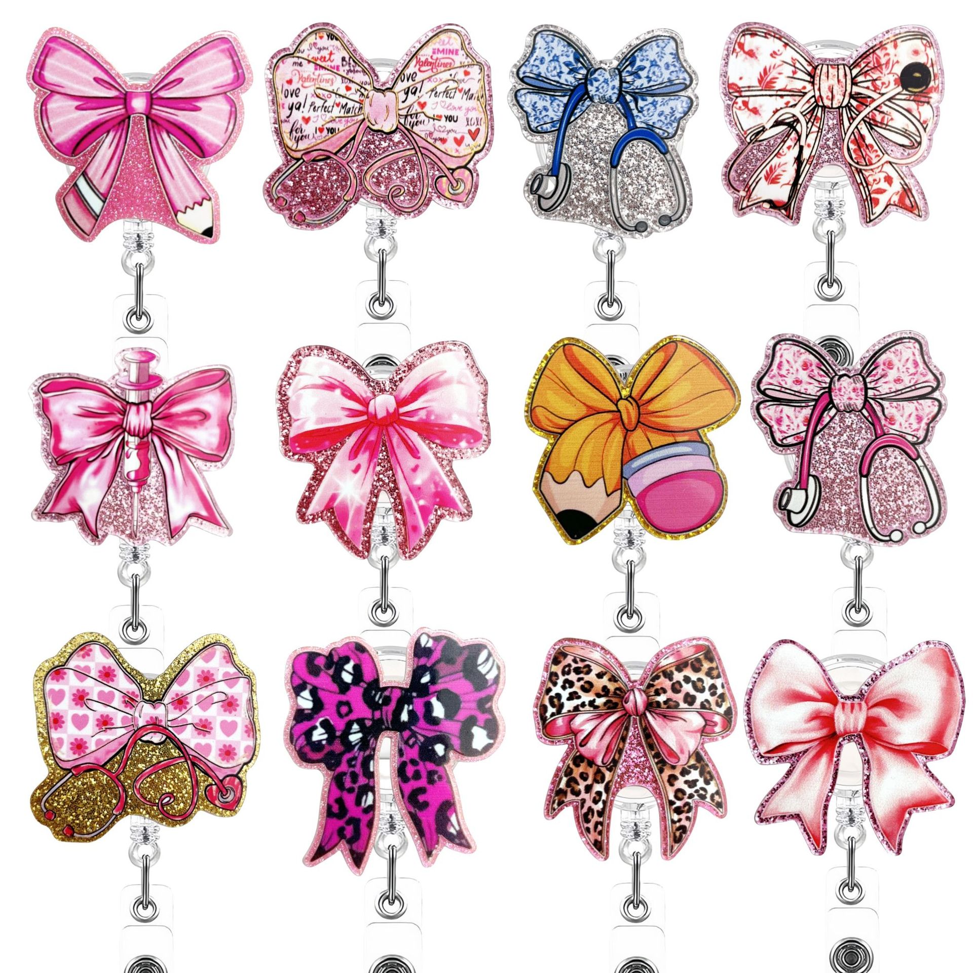 Wholesale New Flash int Acrylic Creative Bow Doctor Nurse Student ID Easy Pull Buckle Telescopic Badge Clip