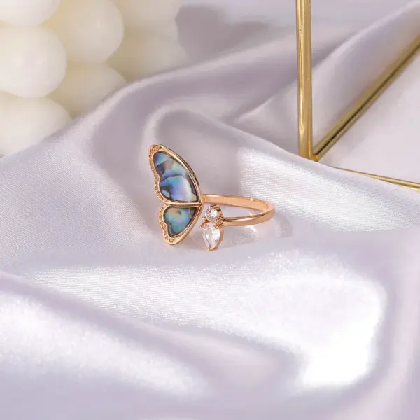 Wholesale New Fantasy Seashell Wings Colorful Butterfly Micro-inlaid Zircon Copper Open Ring