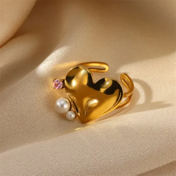 Wholesale PVD Coated Real Gold Plated Heart Shape Flower 304 Stainless Steel Imitation Pearl Elegant Classical Romantic Waterproof Non Tarnish Open Rings Rings