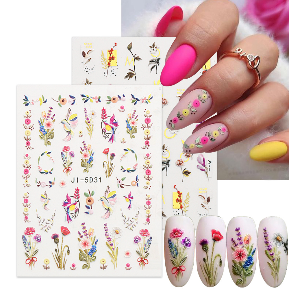 Wholesale Manicure Relief Stickers 5D Spring Flowers and Birds Stereo Bronzing Stickers