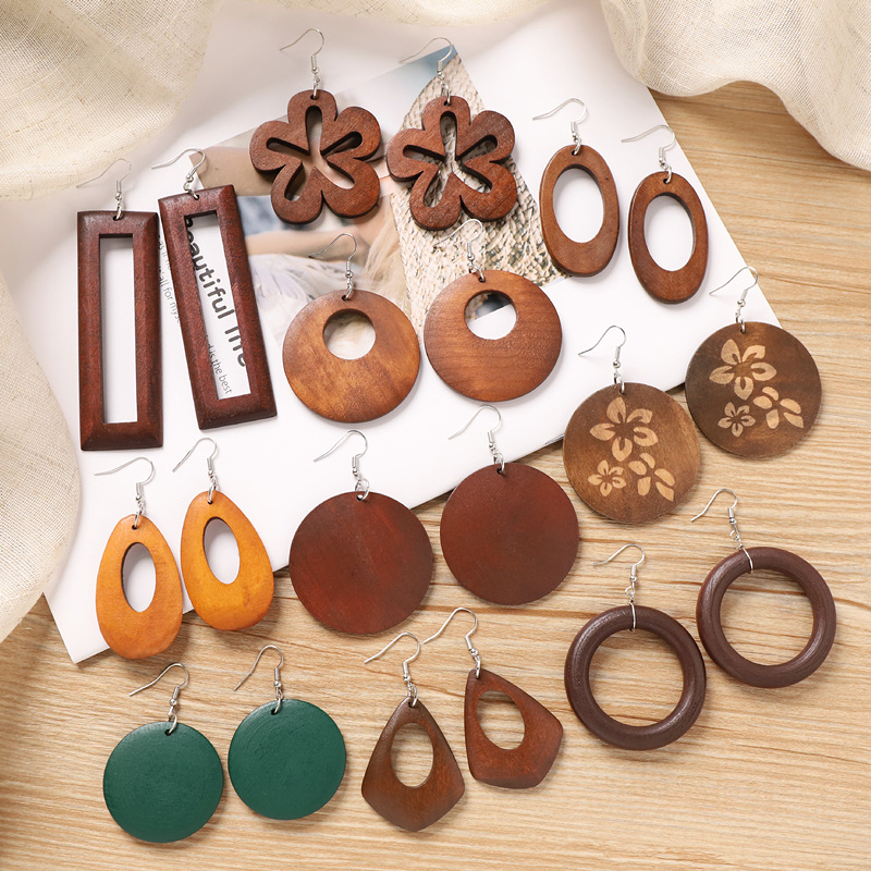 Wholesale Maillard Autumn and Winter Vintage Wooden Earrings Niche Design Exaerated Holiday Earrings New Chinese Ethnic Style Earrings for Women