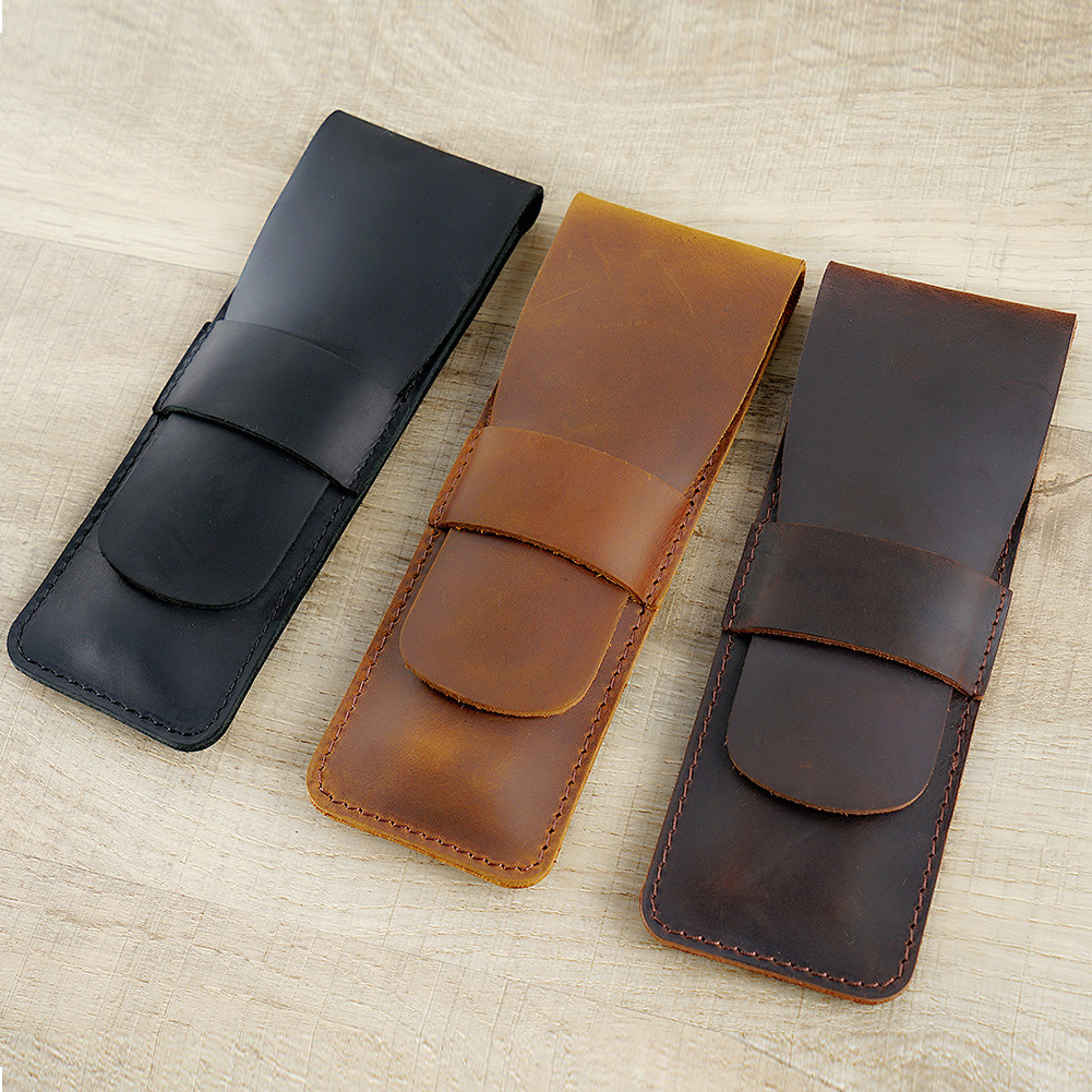 Wholesale Vintage Crazy Horse Leather Pencil Case Purely Handmade Genuine Leather Pencil Case
