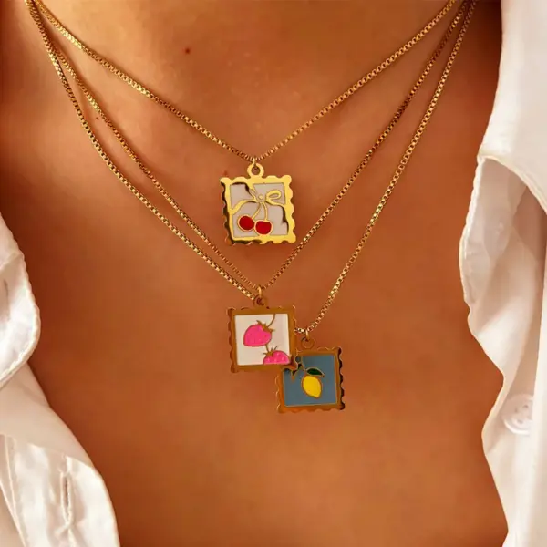 PVD Coated Real Gold Plated 18K Gold Lemon Cherry Strawberry 316L Stainless Steel Retro Sweet Waterproof Non Tarnish Surgical Steel Pendant Necklace