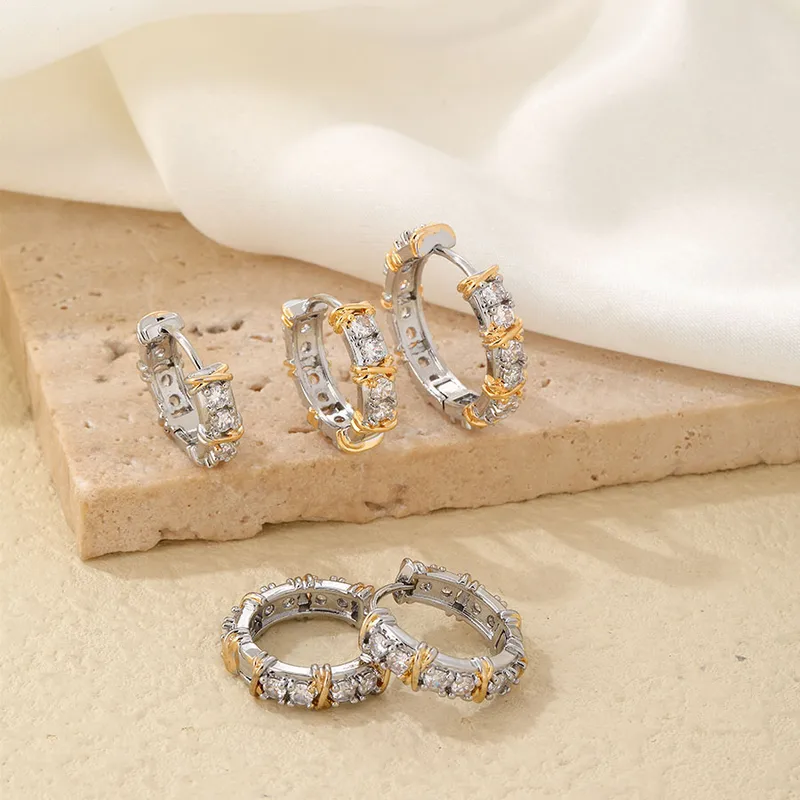 Wholesale Hip-Hop Vintage Style Simple Style Cross Plating Inlay 304 Stainless Steel Copper Zircon Hoop Earrings