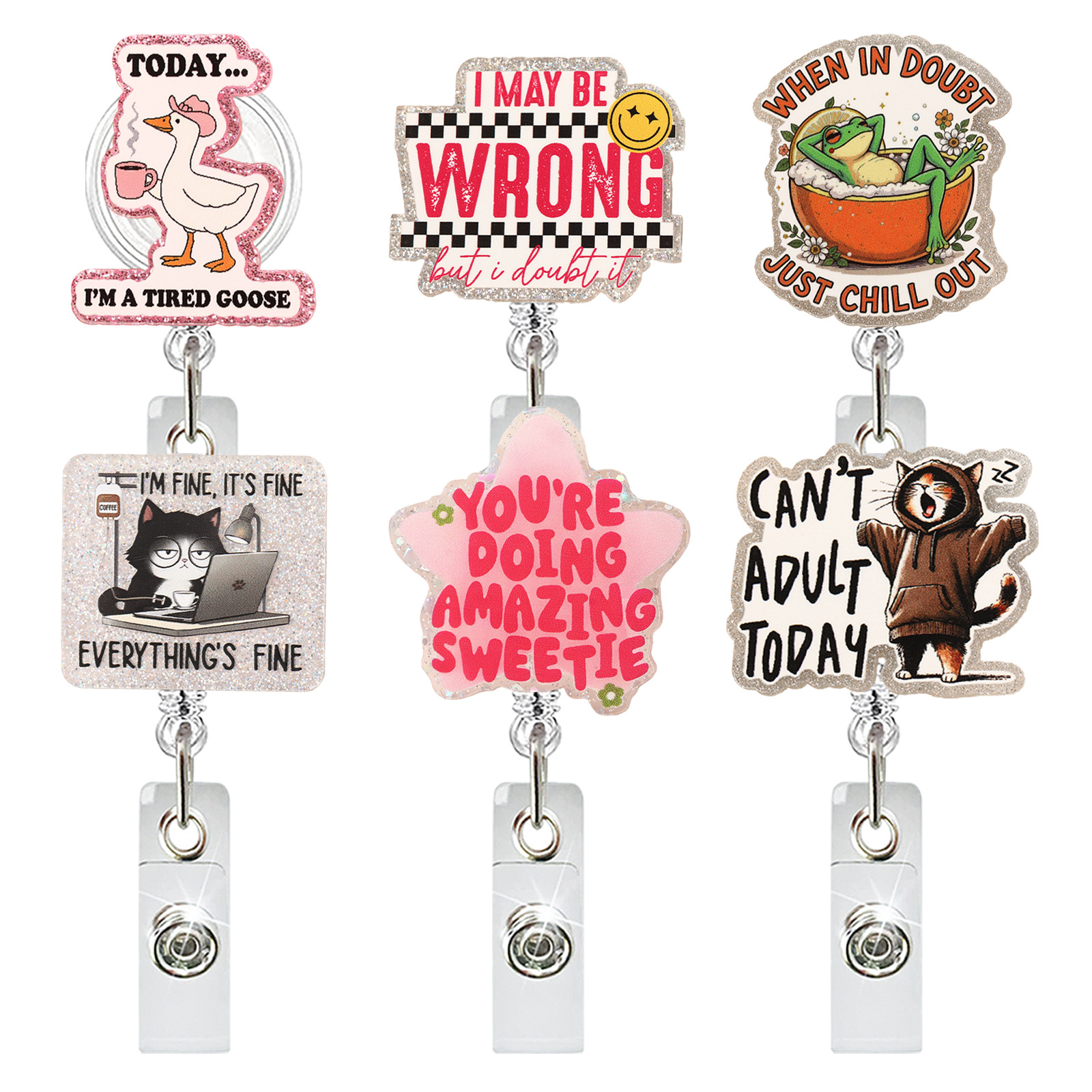 Wholesale Fun acrylic pull buckle with goose, black cat, and frog design, retractable and rotating, suitable for doctor and nurse ID cards.