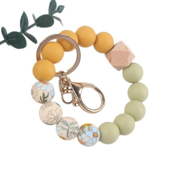 Wholesale In-Stock Temu Silicone Bead Bracelet Beech Wood Octagonal Print Silicone Wrist Keychain Pendant Bracelet