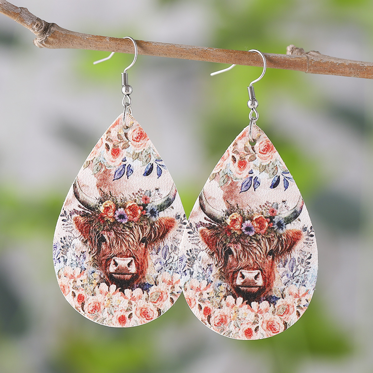 Wholesale Western cowboy flower bull head ring double-sided leather water op earrings