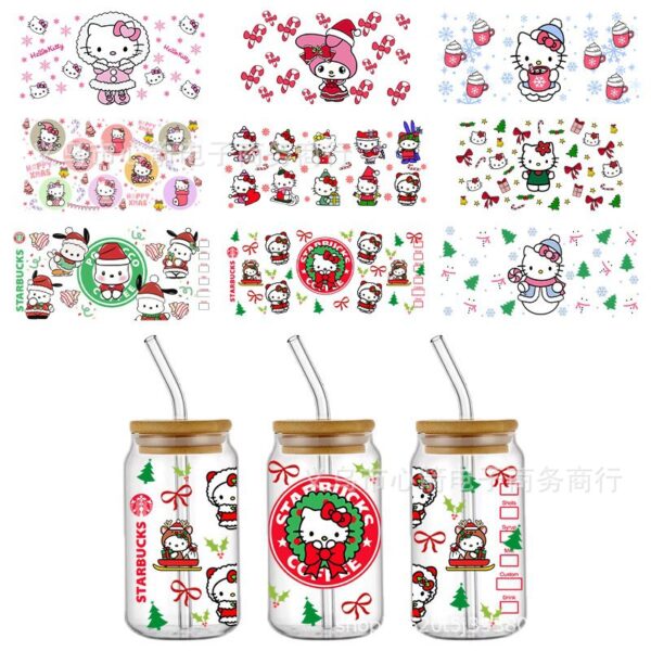 Wholesale Christmas HelloKitty UVDTF Crystal Transparent Sticker Cute Cartoon Pattern Glass Waterproof Scratch Resistant Cross Border