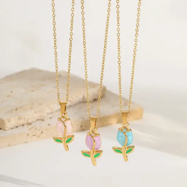 Wholesale Jewelry Elegant Simple Style Flower 304 Stainless Steel 18K Gold Plated Enamel Plating Pendant Necklace Cable Chain
