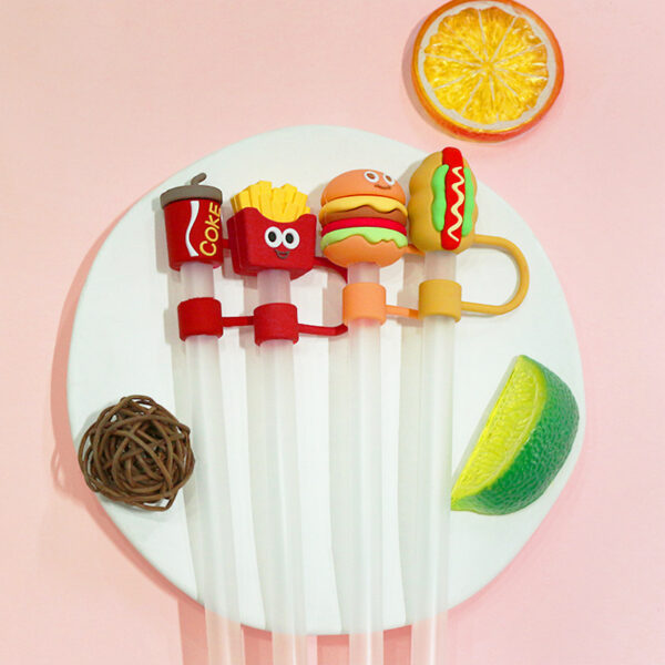 Wholesale Cartoon Soft Plastic Gourmet Series Straw Cap Large Diameter 10mm Cute and Novel Cola Fries Straw Plug Straw Cover