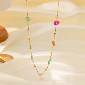 Qyh6143 Colorful Beads Flower Necklace / Gold