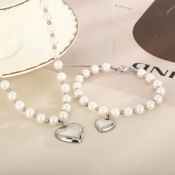 Wholesale Fashion Heart Shape Titanium Steel Beaded Pearl Plating Bracelets Necklace
