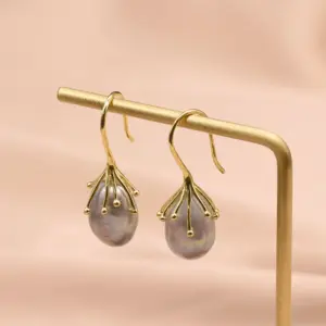 Gold Ear Hook Gray Pearl-Sterling / Silver