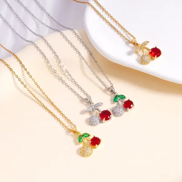 Wholesale Jewelry IG Style Glam Cherry 304 Stainless Steel Copper Zircon Inlay Pendant Necklace Cable Chain