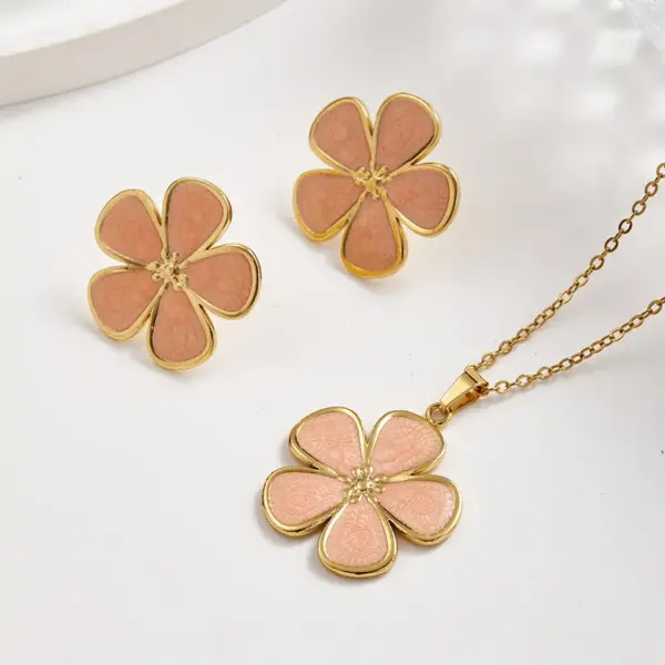 Wholesale European And American Trendy Fashion Ins Style Gold-Plated Imitation Gold 304 Stainless Steel Colorful Oil-Drip Flower Stud Earrings Necklace Set