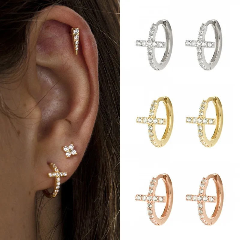 Wholesale Simple Style Cross Copper Earrings Inlay Zircon Copper Earrings