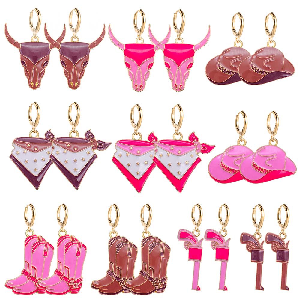 Wholesale Europe and the United States cross-border retro cow head earrings fashion pink hat cowboy boots alloy oil op pendant earrings jewelry
