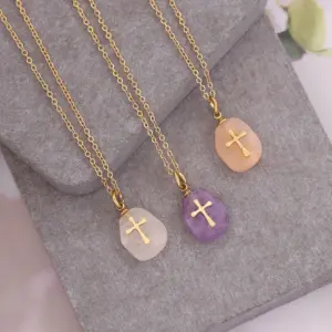 Wholesale Fashion Cross Stainless Steel Natural Stone Plating Pendant Necklace