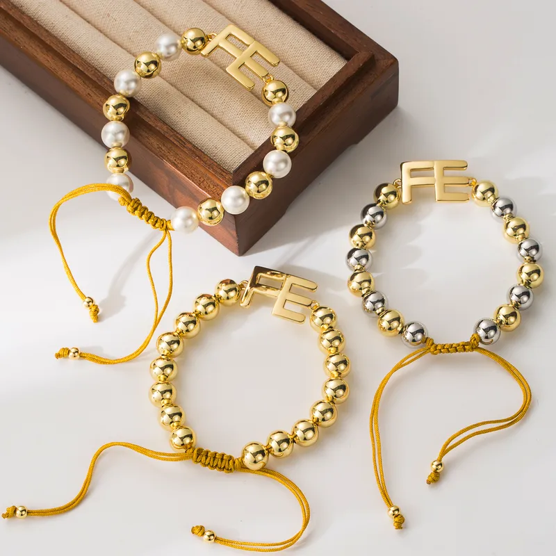 Wholesale Copper 18K Gold Plated Beaded Letter Solid Color Bracelets